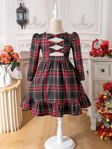 Young Girl Christmas Plaid Kids Bubble Long Sleeve Ruffle Hem Dress - Multicolor - View 1