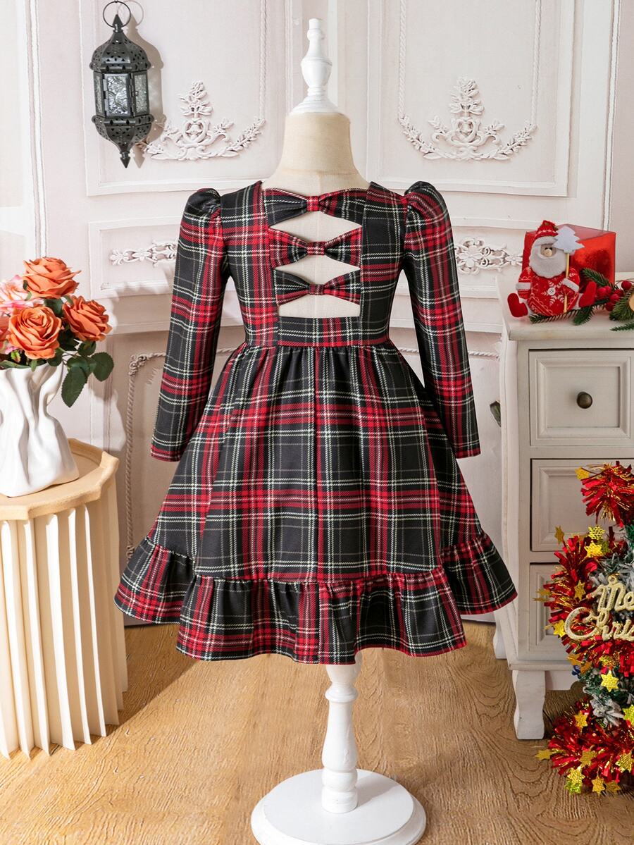 Young Girl Christmas Plaid Kids Bubble Long Sleeve Ruffle Hem Dress - Multicolor - View 1