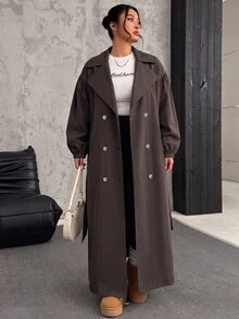 SHEIN EZwear 大尺碼軍綠色長款風衣，秋冬季 - 巧克力棕 - 查看 5