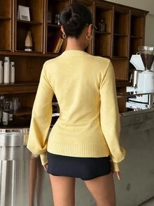 Muchica 淺灰色性感休閒V領羅紋袖口針織衫街頭風基本款優雅女式上衣，適合校園、早午餐、秋季穿搭 - 淡黃色 - 查看 2