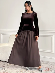 Veilorie Women's Round Neck Long Sleeve Elegant Arabian Dress - Coffee Brown - View 3