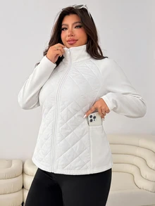 SHEIN EZwear 大尺碼女款素色拉鍊休閒百搭冬季加厚棉外套 - 白色 - 查看 6
