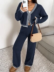 CovetEZ 2件組女款素色拼接前扣長袖休閒針織衫與長褲套裝，秋季女裝 - 藏蓝色 - 查看 3