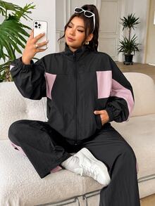 SHEIN EZwear 大尺碼女款拼色長袖拉鍊夾克與鬆緊腰長褲兩件套 秋季 - 黑色 - 查看 3