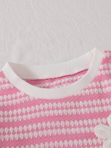 SHEIN Girls Striped Long Sleeve Young Girl Dress With 3D Floral Ruffle Hem, Sweet Knit Dress For Toddlers - Pink - View 4