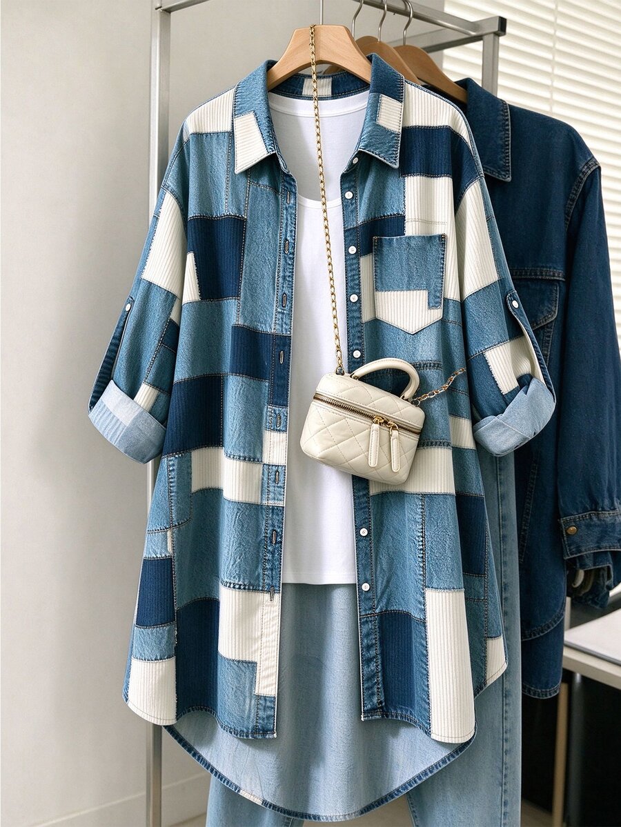 SHEIN LUNE CURVE Plus Size Women's Linen Blend Plaid Lapel Long Sleeve Button-Down Casual Shirt Fall - Blue - View 1