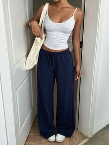 SHEIN EZwear 秋季休閒百搭灰色針織運動長褲 機場穿搭 - 藏蓝色 - 查看 5