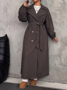 SHEIN EZwear 大尺碼軍綠色長款風衣，秋冬季 - 巧克力棕 - 查看 6