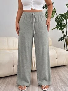 Solflare Nya bekväma mjuka långa plus size-byxor med elastisk midja, knytning, borstad ribbstickning, varma, aprikosfärgade och lösa för hemmet och dagligt bruk - Ljusgrå - Visa 6