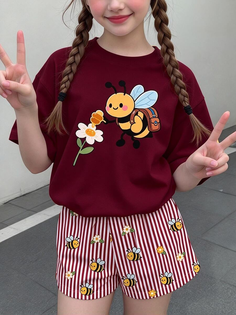 Tween Girl Tween Girl Casual Minimalist Cartoon Graphic Short Sleeve Top And Shorts 2 Pieces Set, Suitable - Multicolor - View 1