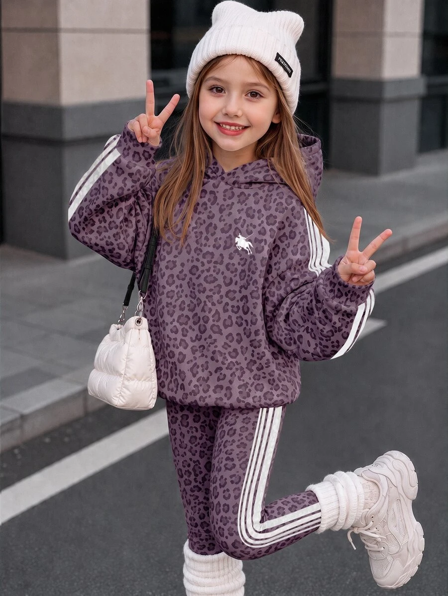 復古時尚豹紋拼色條紋少女休閒寬鬆連帽長袖衛衣與緊身長褲2件套,適合秋冬日常、外出、校園、運動、返校 - 彩色 - 查看 1