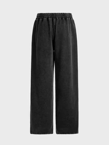 SWAVVY Men's Casual Loose Fit Long Pants, Spring/Summer/Autumn, Standard Size, Embroidered Black Snow Wash - Grey - View 5