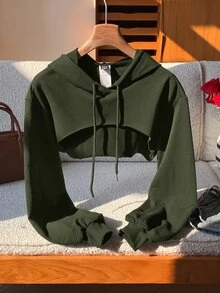 SHEIN EZwear 抽繩設計超短版連帽衛衣－黑白配色，秋冬長袖上衣 - 軍綠色 - 查看 1