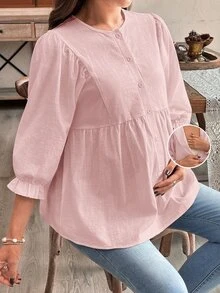 SHEIN 孕婦休閒純色圓領長袖上衣 秋季 - 淺粉色 - 查看 4
