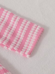 SHEIN Girls Striped Long Sleeve Young Girl Dress With 3D Floral Ruffle Hem, Sweet Knit Dress For Toddlers - Pink - View 7