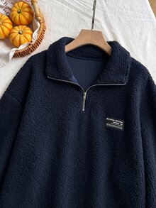 Comfortcana 大尺碼深綠色刷毛運動衫，秋冬正式外出海灘休閒寬鬆款 - 藍色 - 查看 4