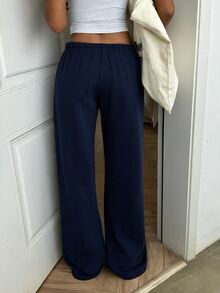 SHEIN EZwear 秋季休閒百搭灰色針織運動長褲 機場穿搭 - 藏蓝色 - 查看 2