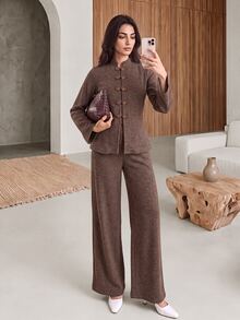 Rue Lumi Setelan Kasual Sehari-hari Wanita: Jaket Lengan Panjang dan Celana Warna Polos - Coklat - View 1