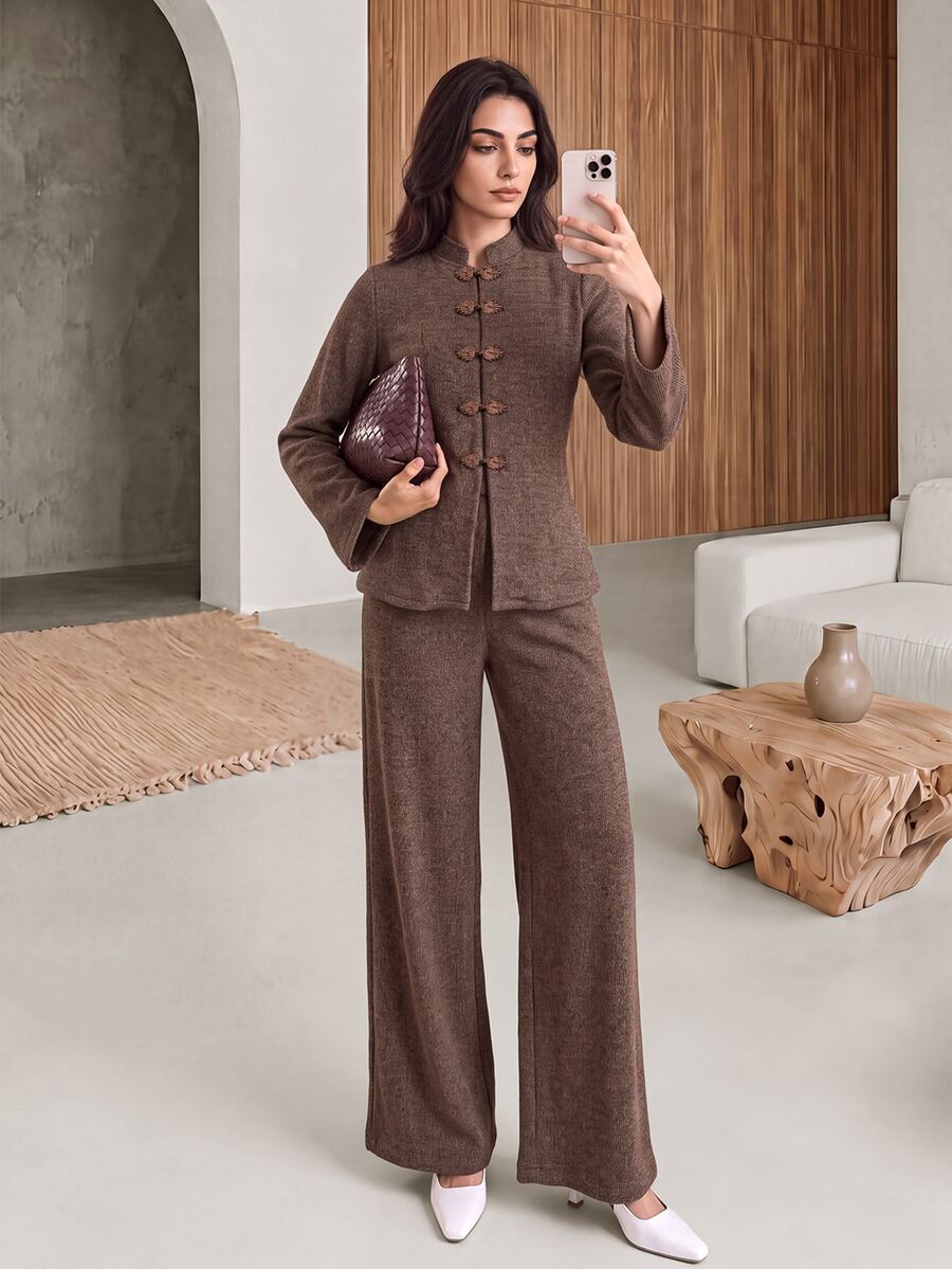 Rue Lumi Setelan Kasual Sehari-hari Wanita: Jaket Lengan Panjang dan Celana Warna Polos - Coklat - View 1