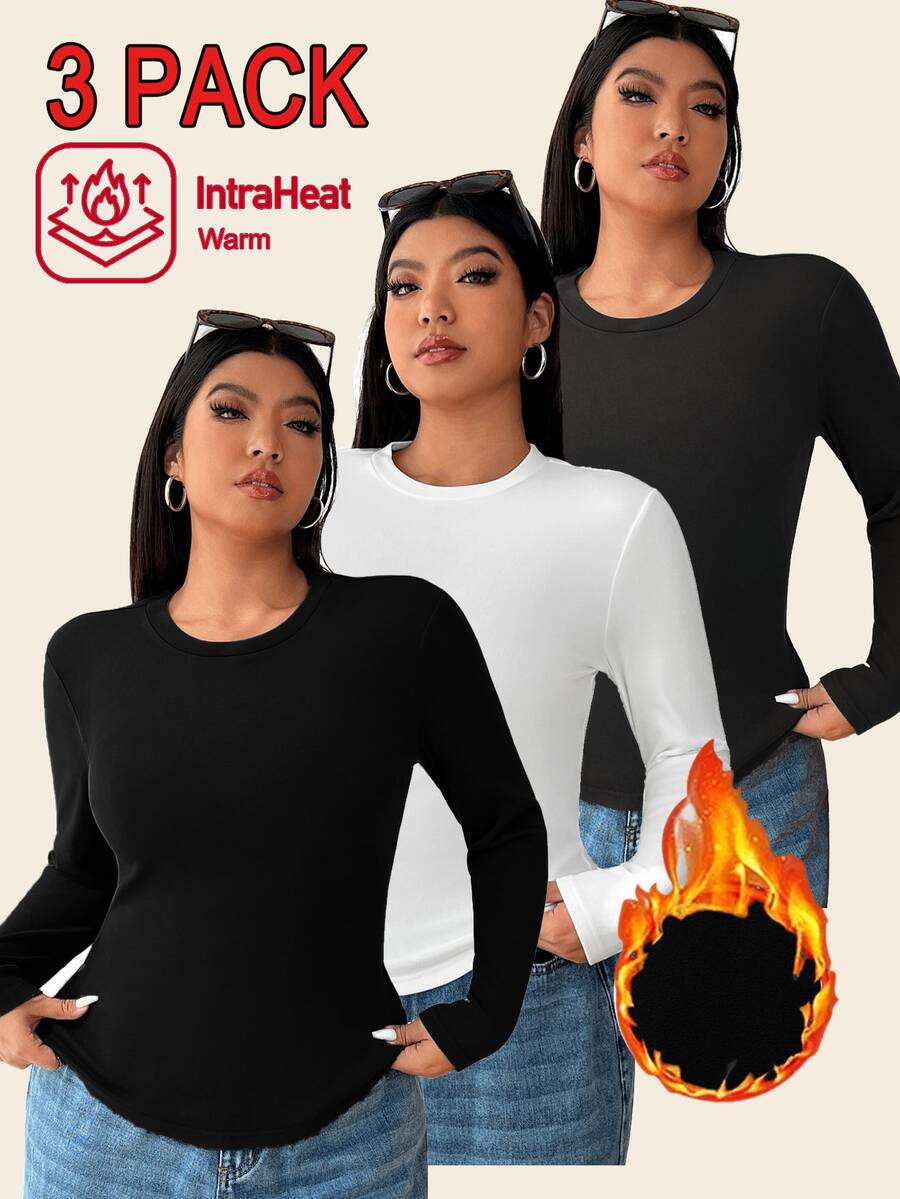 SHEIN EZwear 女款保暖修身圓領長袖T恤 3件組 秋季 - 彩色 - 查看 1