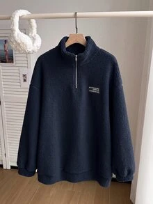 Comfortcana 大尺碼深綠色刷毛運動衫，秋冬正式外出海灘休閒寬鬆款 - 藍色 - 查看 6