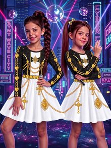 女童韓系K-Pop圓領長袖洋裝，適合假期表演、嘉年華、聖誕節 - 黑色 - 查看 1