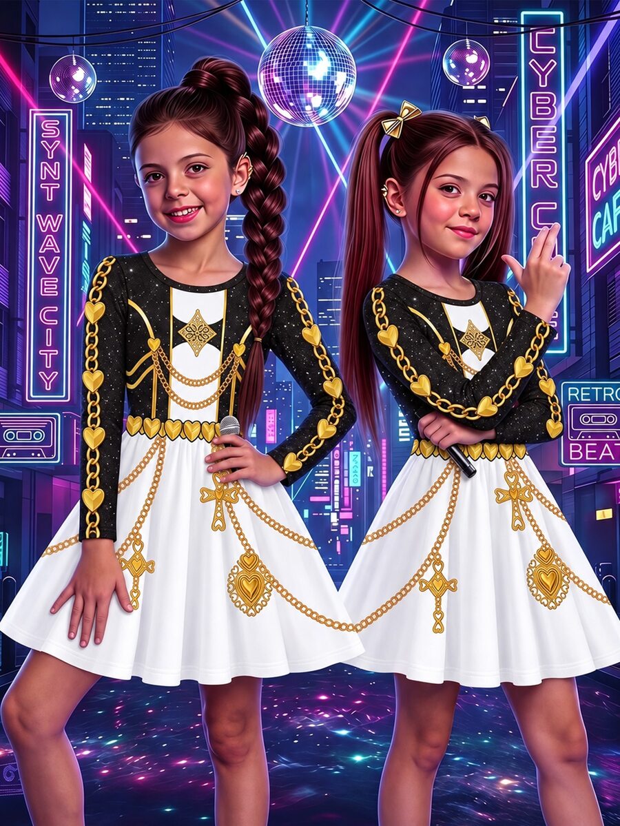 女童韓系K-Pop圓領長袖洋裝,適合假期表演、嘉年華、聖誕節 - 黑色 - 查看 1