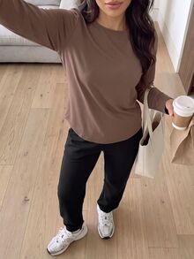 Solavon Women's Solid Color Long Sleeve T-Shirt And Leggings Sports Set - Brown - View 7