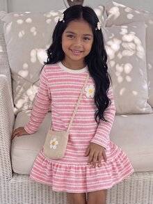 SHEIN Girls Striped Long Sleeve Young Girl Dress With 3D Floral Ruffle Hem, Sweet Knit Dress For Toddlers - Pink - View 1