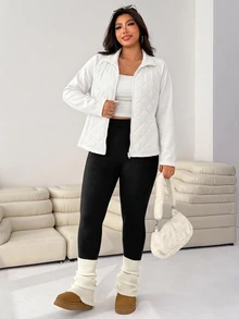 SHEIN EZwear 大尺碼女款素色拉鍊休閒百搭冬季加厚棉外套 - 白色 - 查看 3