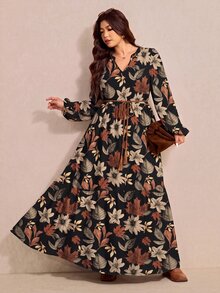Melodosi 大尺碼女款花卉V領燈籠袖休閒洋裝（適合秋季），楓葉印花長袖洋裝－復古休閒風 - 彩色 - 查看 4