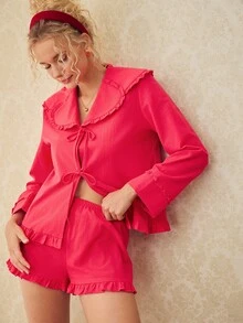 Elorette Frill Trim Bow Front PJ Set - Red - View 4