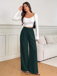 SHEIN Tall 休閒百搭純色高腰寬腿褲，適合高個子秋冬風格 - 綠色 - 查看 5