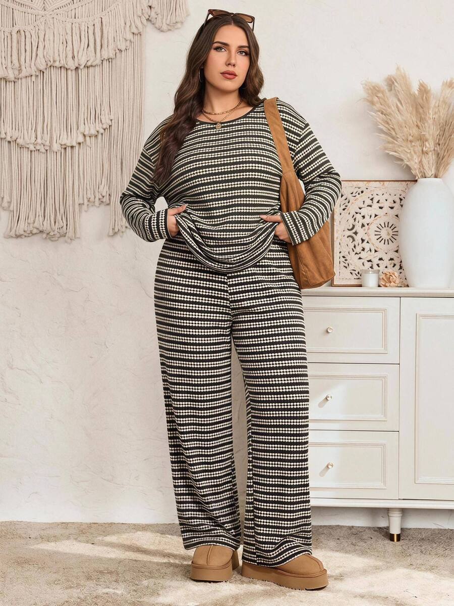 EMERY ROSE Plus Size Women's Striped Round Neck Long Sleeve Top And Pants Casual Daily 2 Pieces Set - Green - View 1