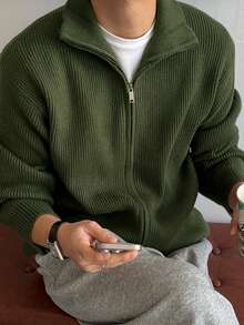 DAZY Autumn/Winter Military Green Zipper Stand Collar Open Front Men's Cardigan - Army Green - View 1