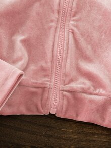 SHEIN 女童天鵝絨連帽長袖外套與長褲套裝，適合秋冬，時尚百搭，穿著舒適 - 粉色 - 查看 5