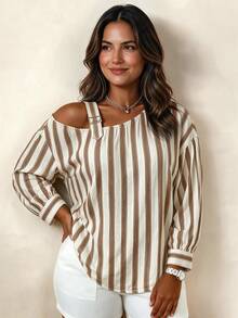 Weeklong Women's Plus Size Autumn/Winter Casual Asymmetrical Shoulder Long Sleeve Brown Striped Print Loose Blouse - Multicolor - View 1