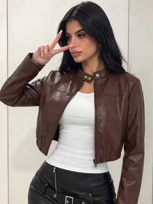 SHEIN 青少年女孩秋季黑色修身短版拉鍊外套，街頭風，秋季，假期 - 棕色 - 查看 1
