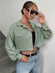 SHEIN EZwear 春秋穿搭落肩翻蓋設計短版燈芯絨夾克 秋冬款 - 薄荷綠 - 查看 3