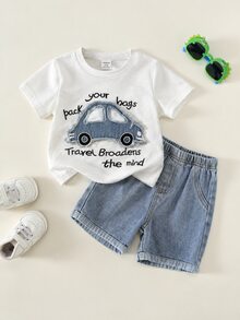 SHEIN 男女嬰兒/男嬰 2件組 春夏休閒可愛汽車貼布繡短袖T恤與短褲套裝，男嬰套裝 - 藍白色 - 查看 3