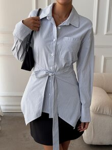 DAZY Women's Striped Casual Loose Fit Shirt - Blue and White - View 6