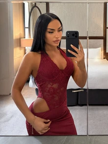 SHEIN SXY Women's Sexy Lace Ruched Cutout Dress - Burgundy - View 3