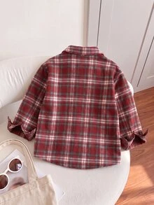 SHEIN 女童休閒格紋前開鈕扣襯衫，長袖復古領口襯衫外套，適合秋季假期穿搭與日常上學穿著 - 紅色 - 查看 2