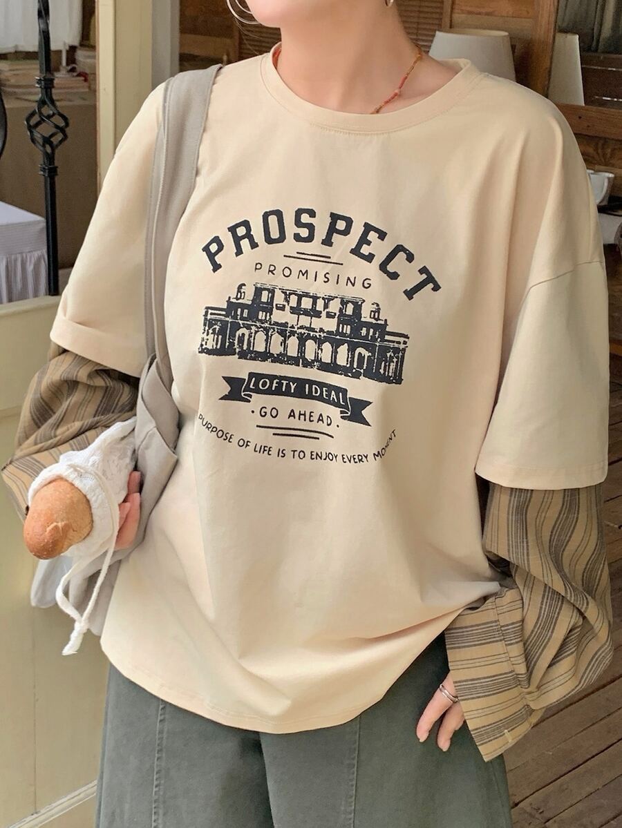Dazy Plus Pattern Korean Style Girl Casual Loose Design Patchwork Plaid Sleeve T-Shirt - Camel - View 1