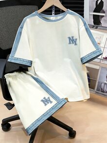 2pcs Teen Boys NV Print Colorblock Crew Neck Short Sleeve T-Shirt + NY Print Colorblock Casual Shorts Set - Multicolor - View 4