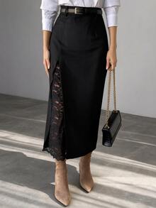 DAZY Women's Lace Patchwork Split Design Fashion Versatile Skirt - Black - View 1