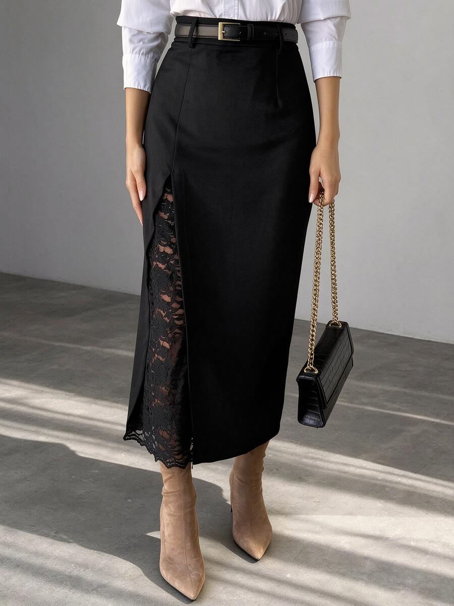 DAZY Women's Lace Patchwork Split Design Fashion Versatile Skirt - Black - View 1