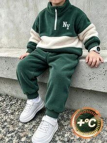 SHEIN Boys' Fall/ Flannel 2 Pieces Set, Half-Zip Stand Collar Colorblock NY Embroidered Sweatshirt And Cuffed Long Pants, Coffee Cream Layered Look, Toddler - Green - View 1