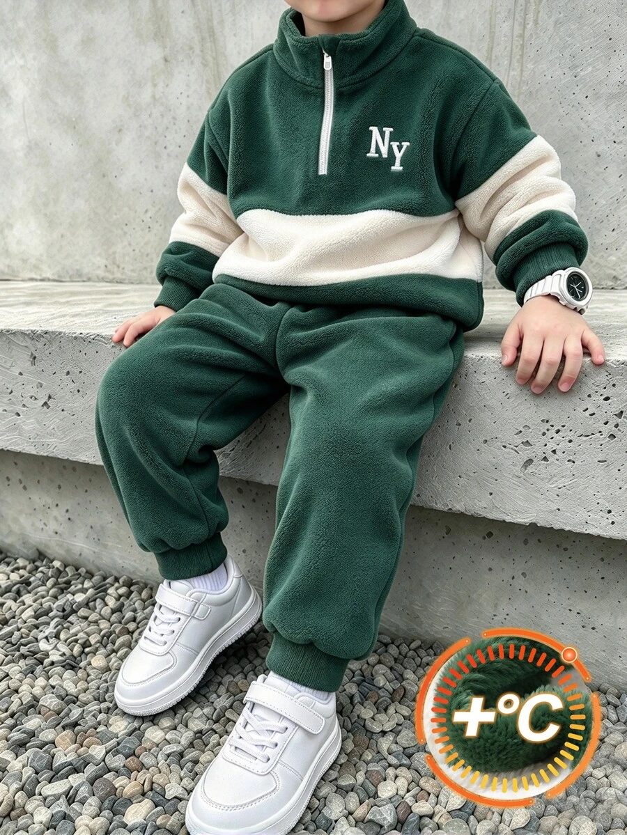SHEIN Boys' Fall/ Flannel 2 Pieces Set, Half-Zip Stand Collar Colorblock NY Embroidered Sweatshirt And Cuffed Long Pants, Coffee Cream Layered Look, Toddler - Green - View 1