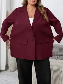 SHEIN CURVE+ 大尺碼女款純色翻領長袖休閒西裝外套，秋冬款 - 紅木色 - 查看 11